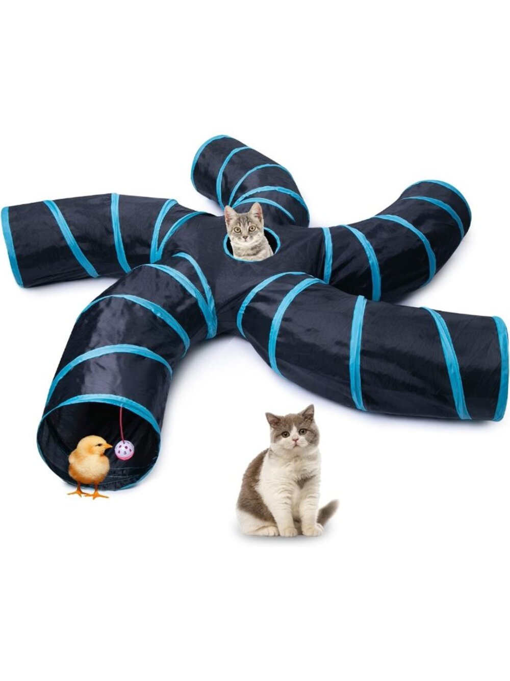 Large 5-Way Cat Tunnel with Play Ball - Collapsible Interactive Pet Tube for